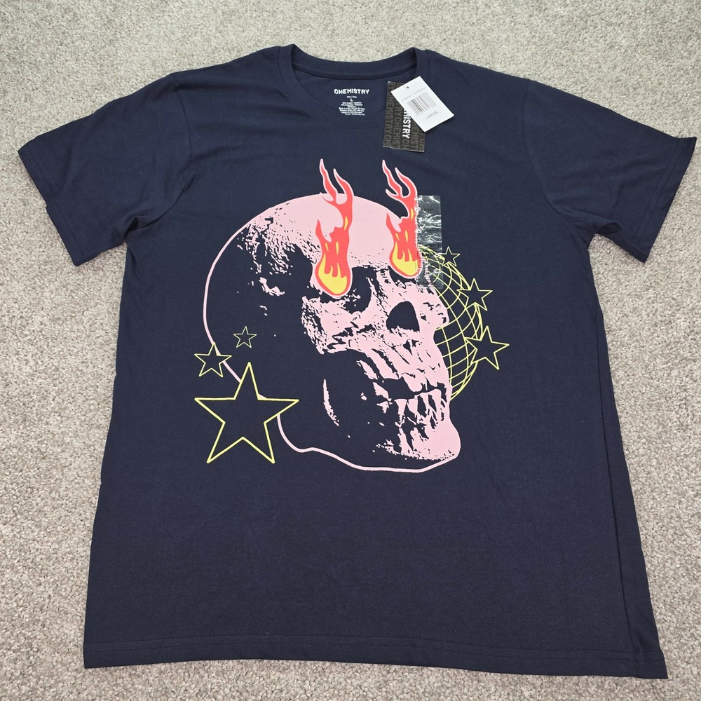Chemistry Mens Large Graphic T-Shirt Evening Blue Skull Flaming Eyes Star NWT